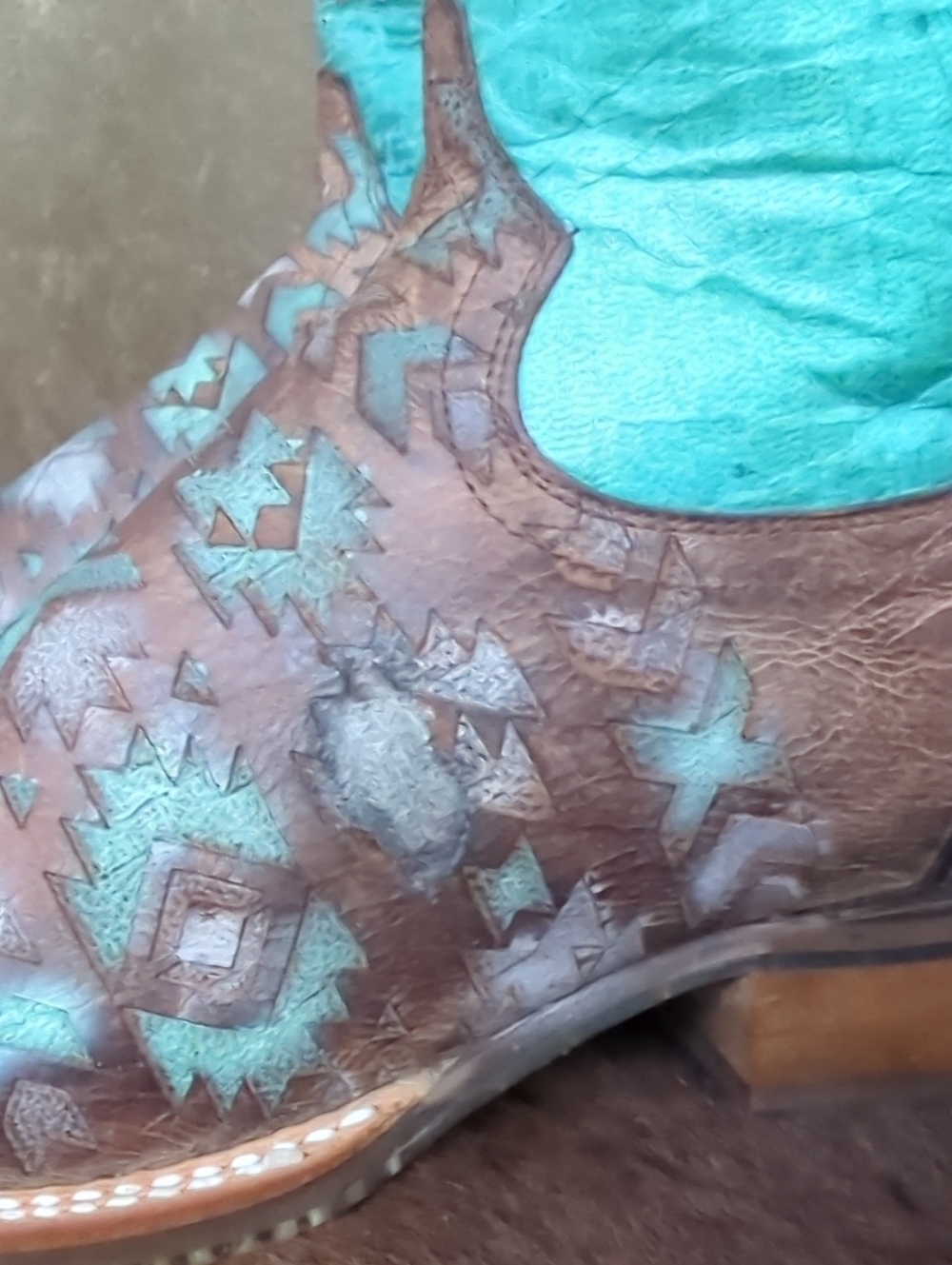 TIN HAUL "Painted Warrior" teal green/blue & brown Aztec square toe boots sz 9.5 - Picture 16 of 16